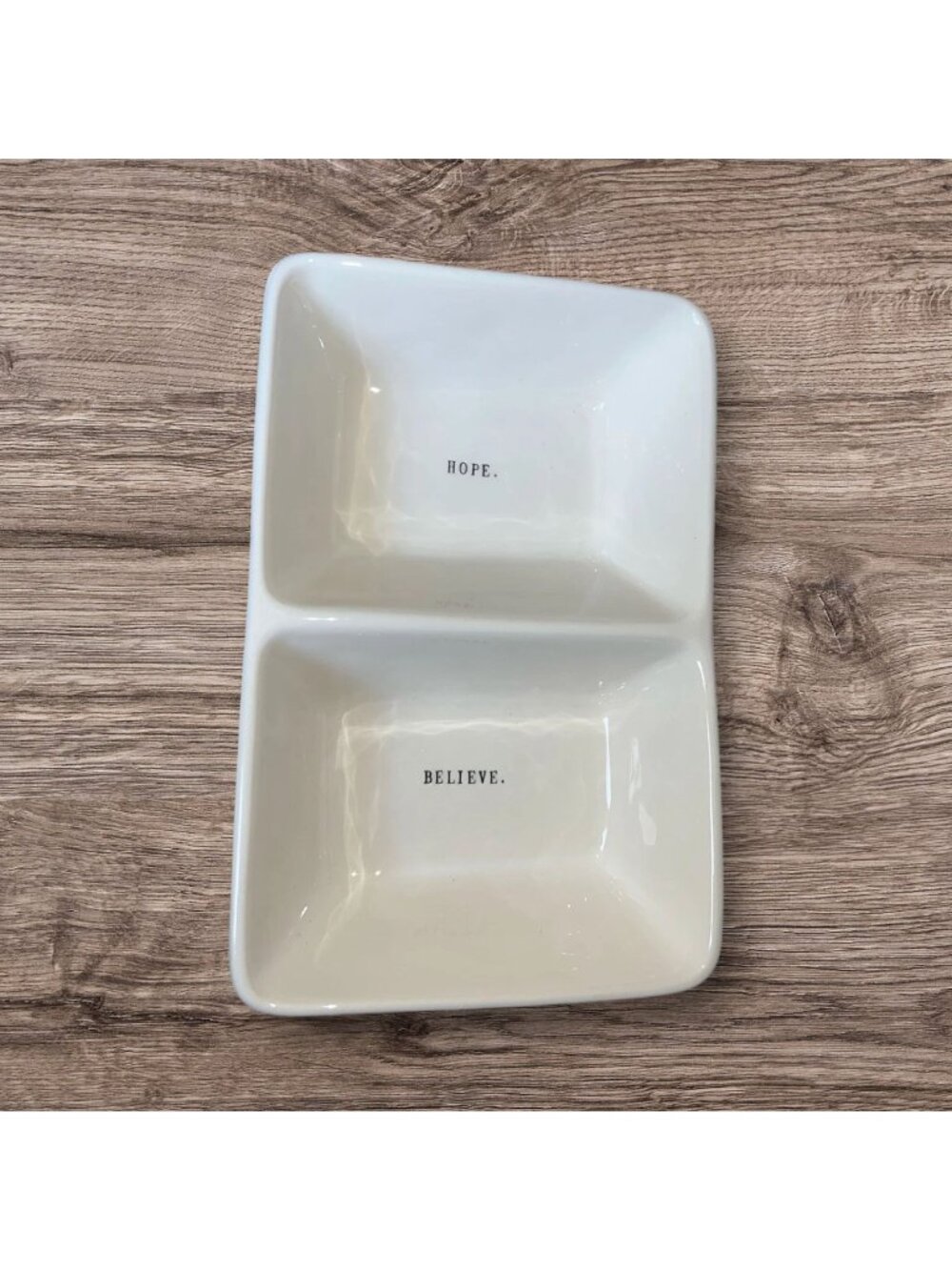 Rae Dunn Hope Believe Typewriter Print Divided Candy Dip Appetizer Dish